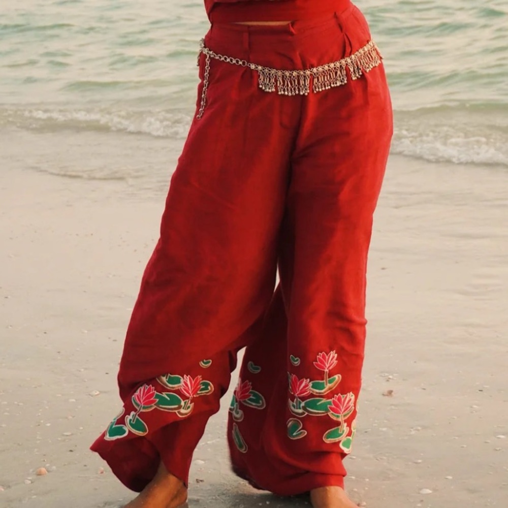 Women’s Desi South Asian Style Embroidered Lily Pad Trousers Perfect for Spring